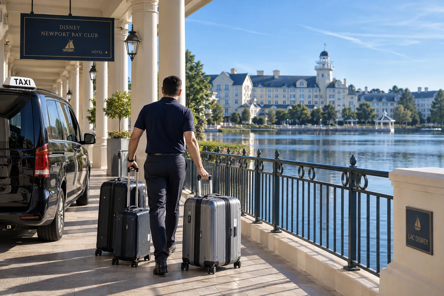 Chauffeur livrant des bagages à l'entrée de l'hôtel Newport Bay Club