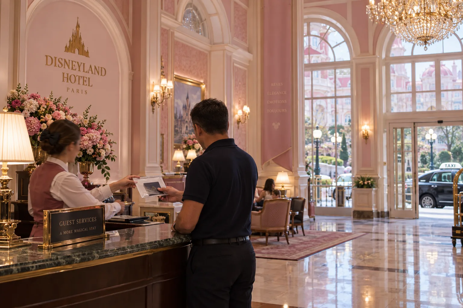 Remise en main propre d'un passeport à la réception d'un hôtel Disneyland Paris