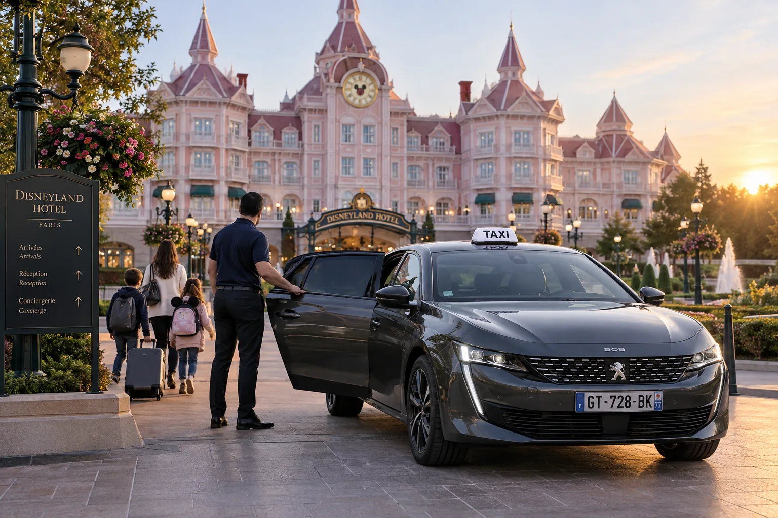 Peugeot 508 hybride taxi stationnée devant le Disneyland Hotel, globe TAXI sur le toit