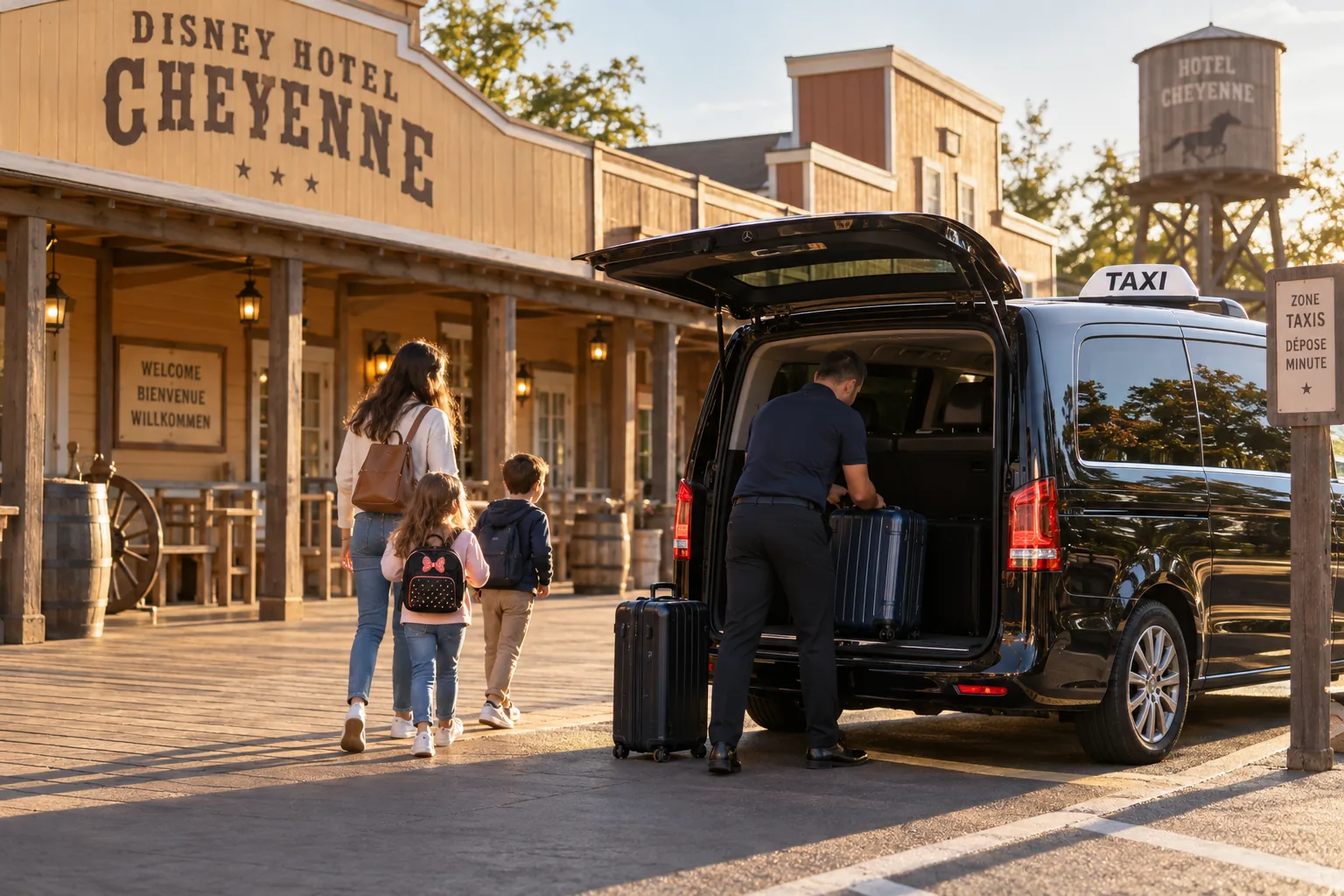 Van Mercedes Classe V taxi devant l'Hôtel Cheyenne, globe TAXI sur le toit